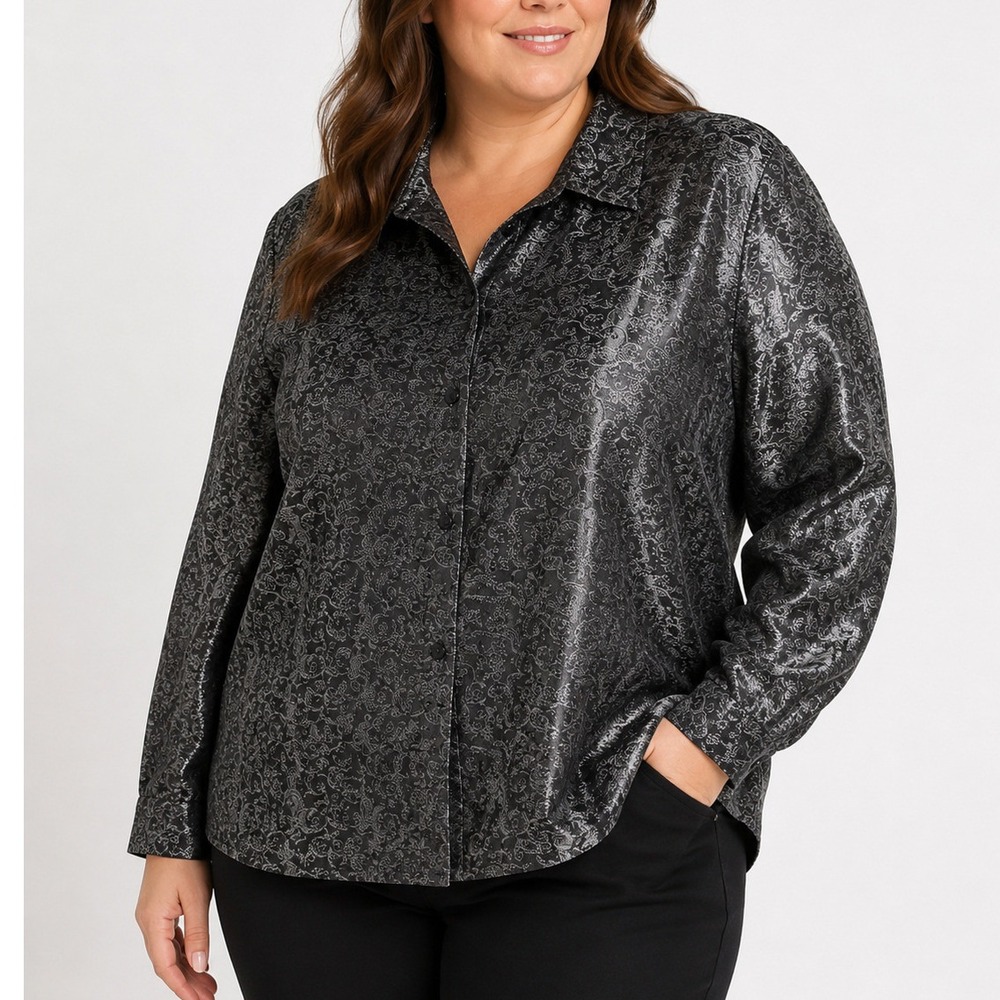 Bianca Nygard Blouse Size 16 Women Black Gray Floral Jacquard Button Shirt